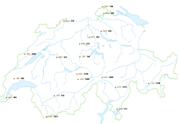 Figure 4.2: Stations with meter above sea level: Bargen (SH) (BAR), Bi` ere (BIR), Binningen (Basel) (BAS), Col du Grand St-Bernard (GSB), Egolzwil (EGO), Gen` eve-Observatoire (GEO), Jungfraujoch (JUN), La Br´ evine (BRL), Lugano (LUG), M¨ annlichen (MAE)