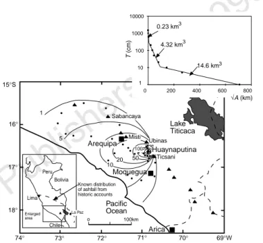 Figure 1 Isopach map of Huaynaputina tephra deposit showing the strong westerly distribution of the deposit