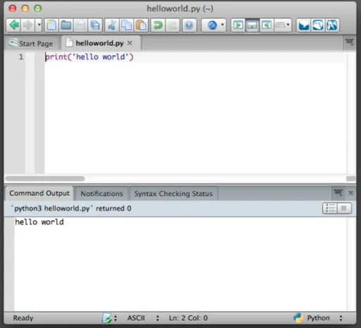 Figure 1: Screenshot of Komodo Edit with the Hello World program
