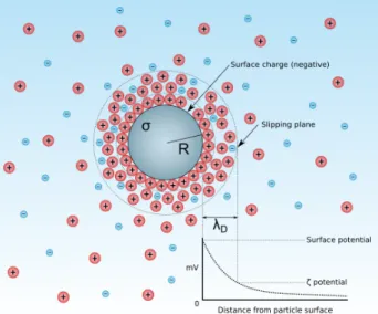 Figure 5: A negatively charged colloid at rest with surface charge σ and radius R is located in an electrolyte with two species