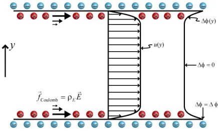 Figure 2: Sketch of EOF and an electric double layer between two charged surfaces. E introduces an external driving field