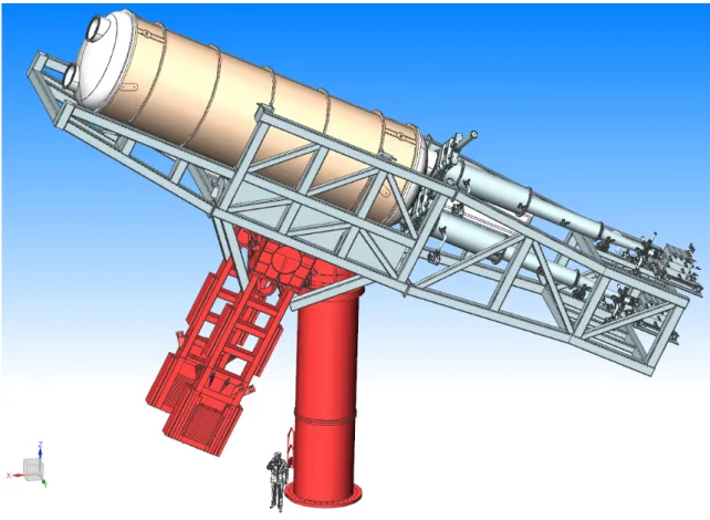 Figure 5. CAD overview of the full BabyIAXO assembly, including the magnet (assuming a cylindrical cryostat, see text), telescopes, detectors, support frame and MST positioner (in red, see section 7)