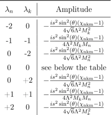 Table 3.1: Amplitudes for the production of the n-th and k-th gravitons with relative helicities λ n , λ k : O (s 3 ).