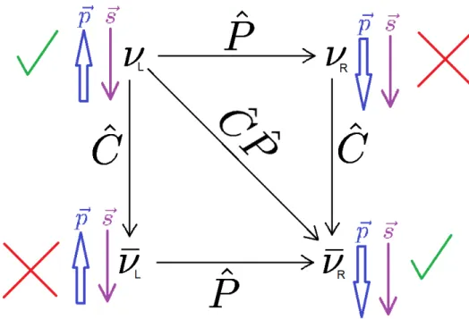 Figure 2.2: Illustration of a CP transformation on a left-handed neutrino (momentum and spin are antiparallel)