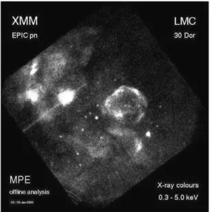 Fig. 1. ‘First light’ image of the PN-CCD camera on the XMM-Newton satellite. It shows a part of the 30 Doradus Nebula in the Large Magellanic Cloud (LMC) observed with the 6  6 cm 2 large detector, which is subdivided into an array of 2 6 CCD units
