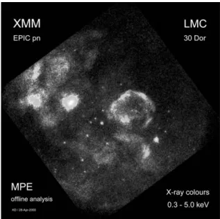 Fig. 7. First Light Image of the pn-CCD camera: the Large Magellanic Cloud in X-ray colours