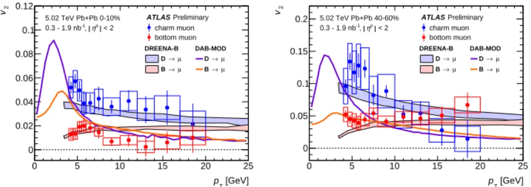 Figure 7: Charm and bottom muon v 2 as a function of p T in the 5.02 TeV Pb + Pb data for the 0–10% (left) and 40–60% (right) centrality interval, compared to theoretical predictions based on dreena - b [14] and dab - mod [13, 34]