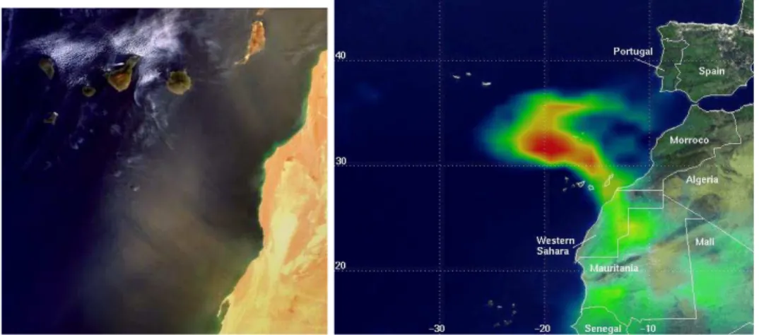Figure 4.2: Saharan sand carried by wind to the Canary Islands, Credits to ESA and NASA, taken from [34] and [35]