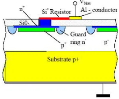 Fig. 1. Cross section through the topology of one SiPM APD cell. Photons are incident from the top (from [7])