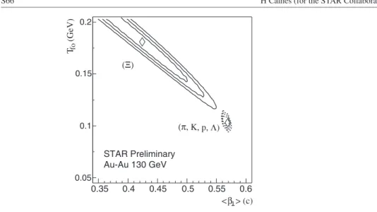 Figure 3. The kinetic freeze-out temperature versus transverse flow contours for hydrodynamical model for fits to the preliminary m ⊥ spectra from Au–Au collisions at 130 GeV