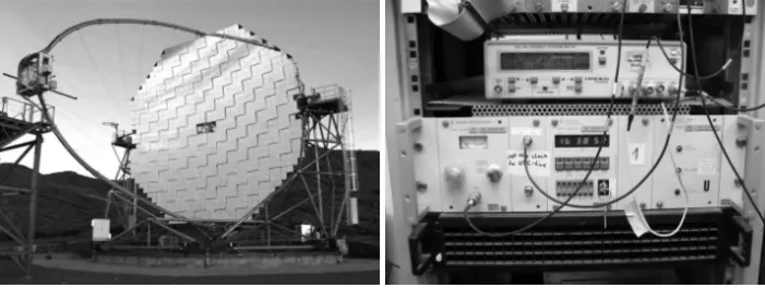 Fig. 1. Left Panel: the MAGIC telescope in July 2004. Right Panel: the atomic clock and on top the GPS Time/Frequency standard.