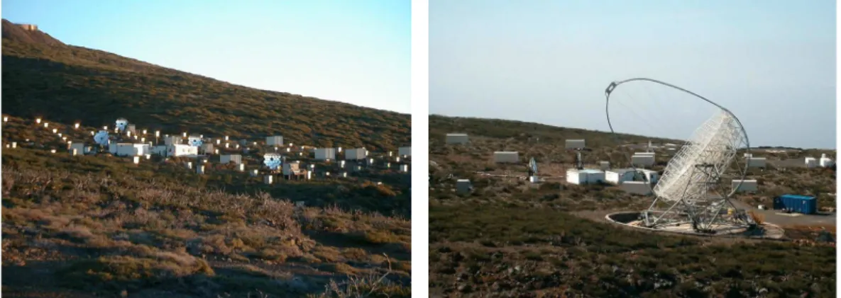 Figure 3.2: Left: the HEGRA site. Right: a view of MAGIC during construction on the HEGRA site.