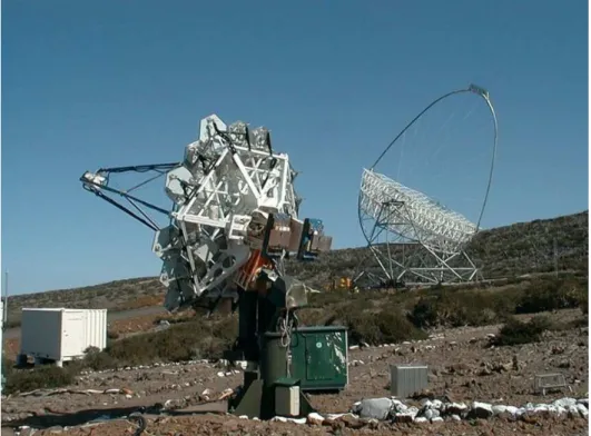 Figure 3.3: The HEGRA CT1 telescope and MAGIC in construction in the background.