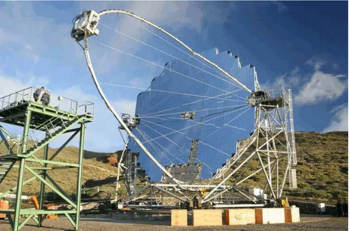 Figure 4.1: The MAGIC telescope in October 2003 (about 5% of the mirror elements is still missing).