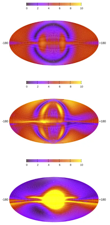 Fig. 2.2.— Deflection maps for the TT (top), HMR (middle), and PS (bot- (bot-tom) models of the GMF, for a rigidity of 4× 10 19 V