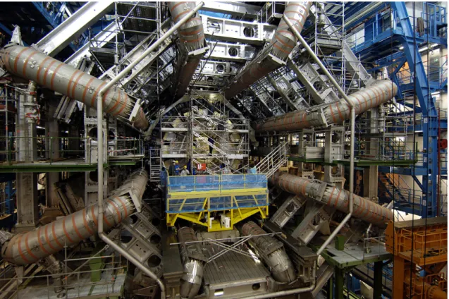 Figure 1.5: A view of the cavern where the ATLAS detector is being constructed. The eight toroid magnets can be seen as well as the central part of the calorimeter, which is installed into its position within the toroids