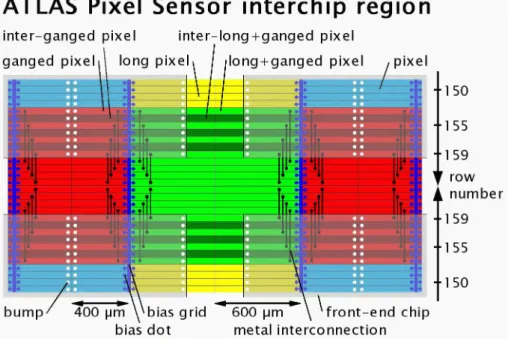 Figure 1.9: The interchip region between adjacent FE chips on a Pixel module [27, 28].