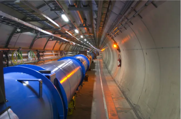 Figure 1.2: View of the LHC tunnel with already installed parts of the accelerator ring [10].