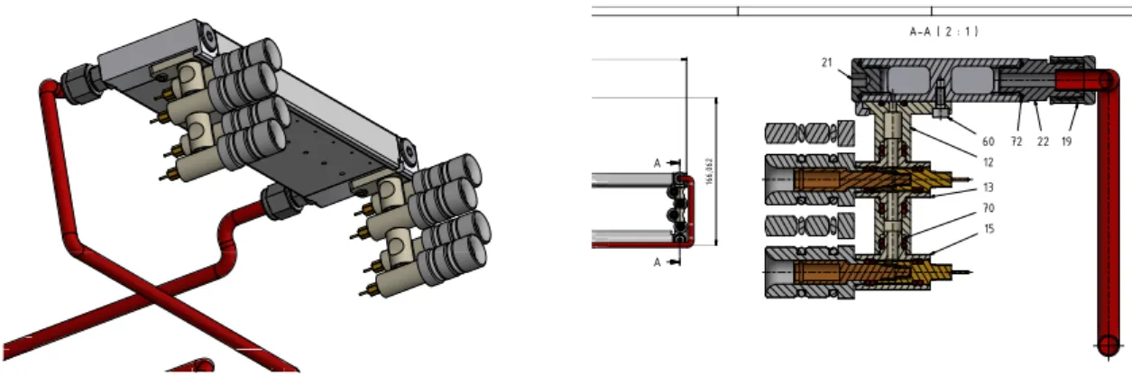 Figure 12. Schematics of the gas distribution system of the BIS 7/8 and BIS 1-6 sMDT chambers (left: 3D model, right: cross section)