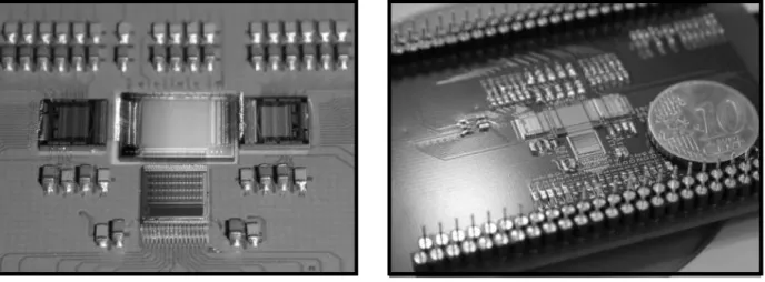 Figure 3. Left: Close-up of the central area of a hybrid, with the sensor (middle), the Clear switcher (right), the Gate switcher (left) and the CAMEX IC at the lower edge of the sensor