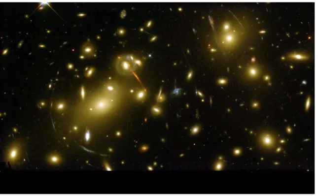 Figure 1.2: Gravitational lensing observed around the galaxy cluster Abell-2218 by the  Hubble Space Telescope [Hub]