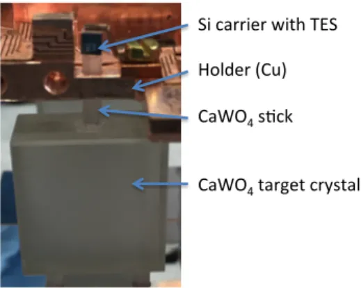 Figure 3. Picture of the new CRESST-III detector module with a zoom into one CaWO 4 stick equipped with a TES (on a glued Si carrier)