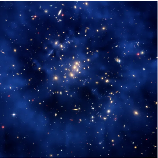 Abbildung 1.3: Der Galaxienhaufen CL0024+17, überlagert mit der Verteilung von Dunkler Materie als blau-schwarze Struktur [NAS07a].