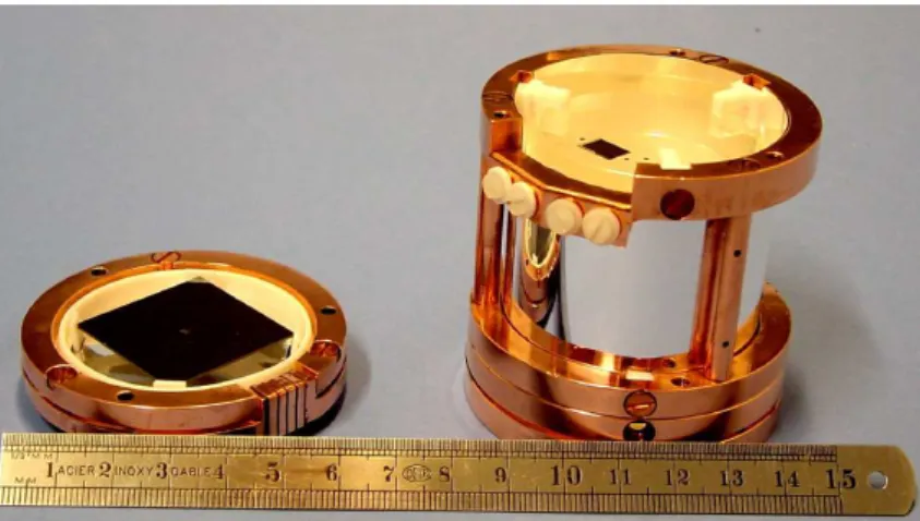Abbildung 1.6: Detektormodul, bestehend aus Phonendetektor (rechts) und Lichtdetek- Lichtdetek-tor (links), wie es für CRESST II verwendet wird.
