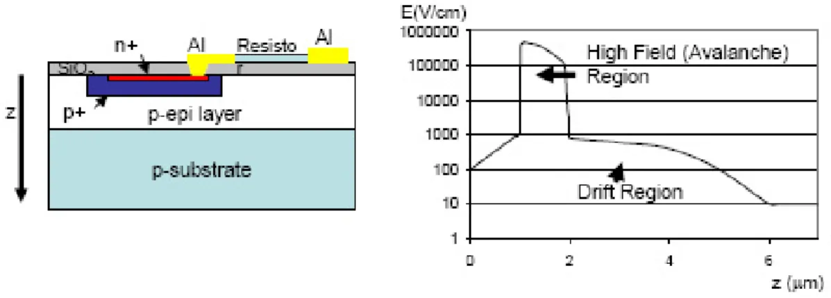 Figure 1: Principle SIPM cell (left). Electric fields in a SIPM (right)
