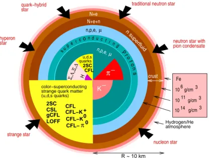 Figure 3.3: Competing structure and novel phases of subatomic matter of neutrons stars predicted by theory (from Weber, 2005)