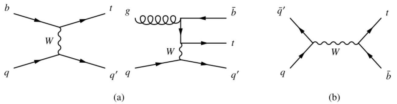 Figure 2: Representative leading order Feynman diagrams of the production of a single top quark in (a) the t channel and (b) the s channel.