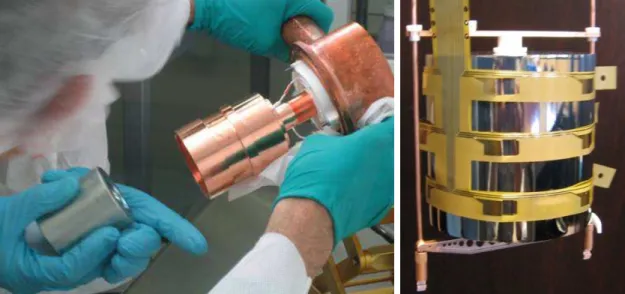 FIGURE 2. Left: Dismounting of first enriched detector of the HdMo experiment from its copper vacuum-cryostat