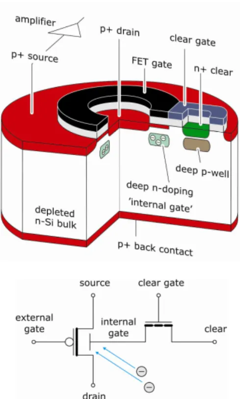 Fig. 4.  Topology of a DEPFET Active Pixel Sensor. Gates, clear contacts  and clear gates are connected row-wise to control units, readout nodes  (source or drain) are connected column-wise to a readout chip