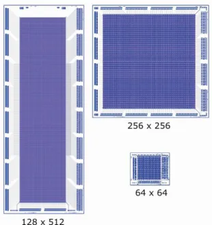 Fig. 12.  Layout plots of the large format DEPFET APSs of the next  device generation in comparison to the previous 64 x 64 standard format