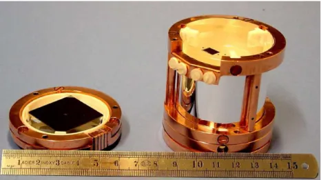 Abbildung 2.2: Hier ist ein vollständiges Detektormodul zu sehen, das aus einem Lichtdetektor (links) und einem Phononendetektor (rechts) besteht