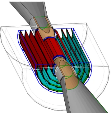 Fig. 3.8: The 5 layer vertex detector of the LDC’ and the beam pipe.