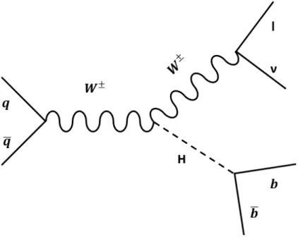 Abbildung 5.1: Diese Abbildung zeigt die Produktion eines Higgs Bosons durch Higgs-Strahlung sowie dessen Zerfall in zwei b-Quarks.