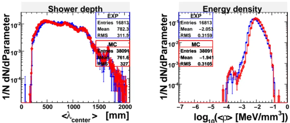 Fig. 2. Comparison of shower depth (left) and average cluster energy density (right) in data and MC for 200 GeV charged pions in the endcap region.