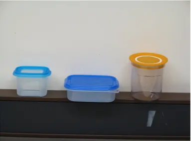 Figure 9: The available containers that were be evaluated. The small blue box, the blue box and the yellow box.