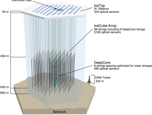 Figure 4: Artist’s rendering of the IceCube and DeepCore detectors. The PINGU detector strings would in-fill the existing DeepCore array at similar depths, with substantially closer vertical spacing between modules.