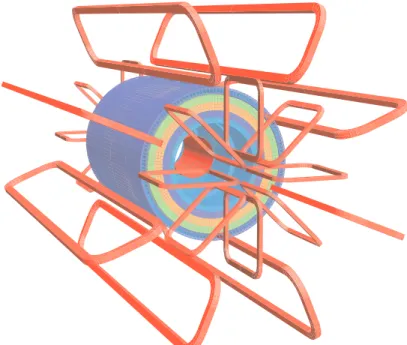 Figure 3.3: Schematic view of the superconducting coils of the ATLAS magnet system (red) eight in the barrel part and eight in each end cap toroid