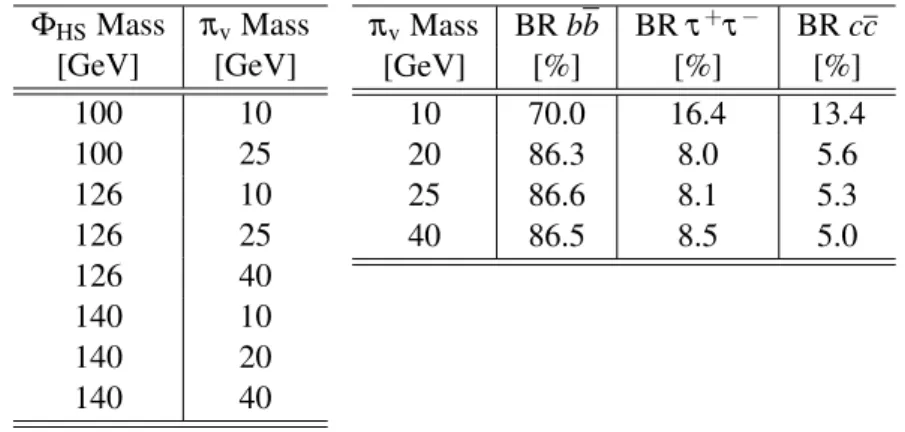 Table 1: The Φ HS mass and π v mass of each benchmark Hidden Valley model generated. The decay branching fractions of the π v as a function of the π v mass are also listed.