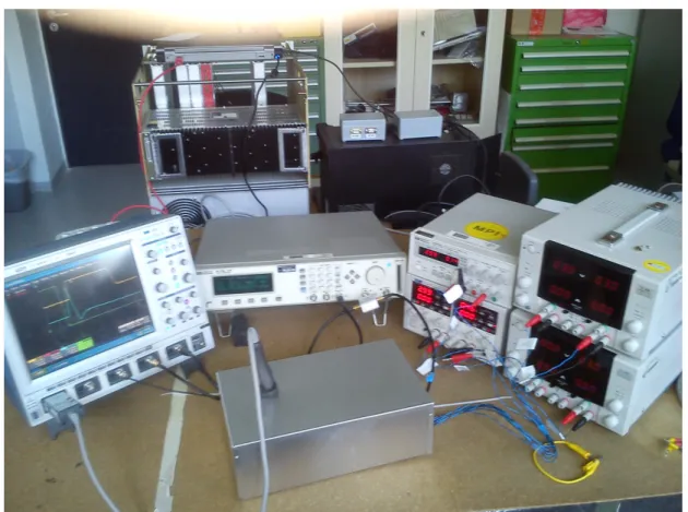Figure 5.2.: Photography of the laboratory test set-up. The oscilloscope (left) is used to monitor the input and output signals