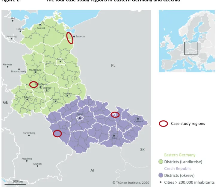 Figure 2:  The four case study regions in eastern Germany and Czechia 