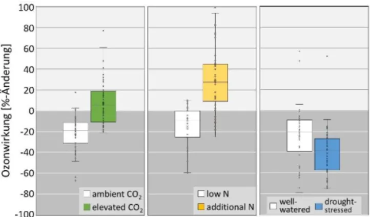 Abbildung  2:  Box-Plots  der  Wirkung  von  Ozon  allein  und  in  Kombination  mit  erhöhtem  CO 2 ,  zusätzlichem  Stickstoff  und  Trockenstress  auf  die  pflanzliche  Biomasse  (%  Änderung  gegenüber  einer  O 3 -unbelasteten  Kontrolle)