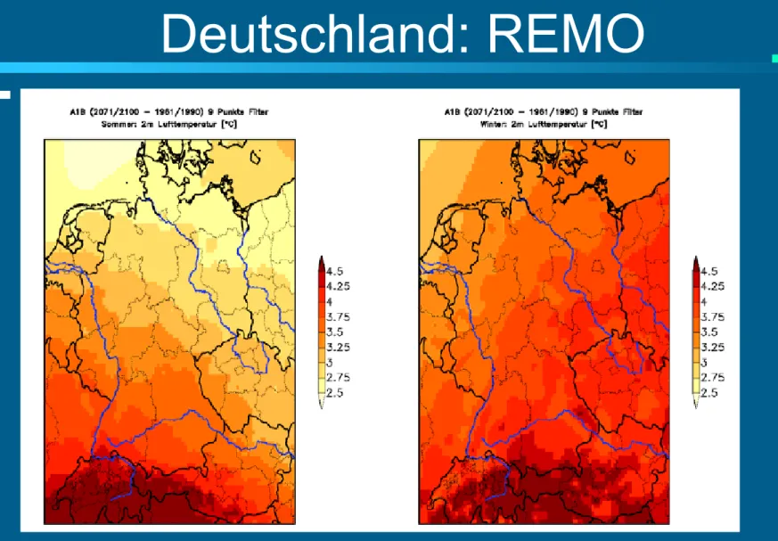 Abb. 14: Relative Termperaturänderung im Sommer (links) und Winter (rechts) für die Jahre  2071 – 2100 gegenüber 1961 – 1990 (Quelle: Hagemann, Jakob o.J., S