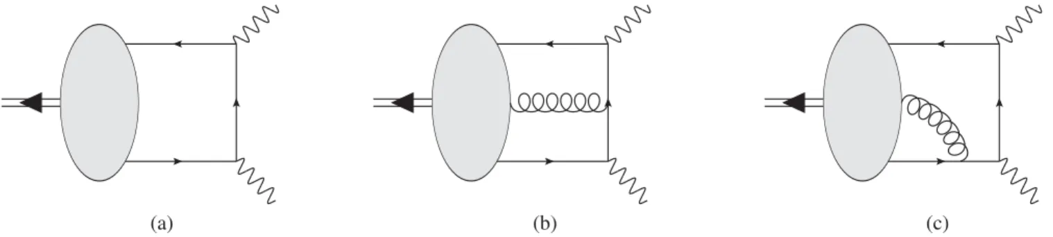 FIG. 1. The leading-twist (a) and higher-twist (b), (c) leading order contributions to the pion transition form factor.