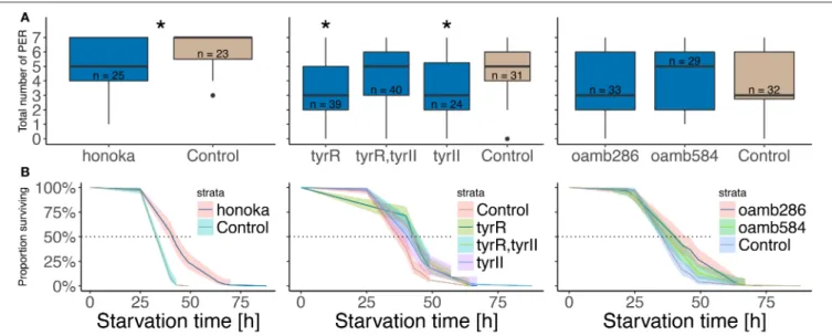 FIGURE 7 | Starvation resistance and sugar responsiveness in TA- and OA-receptor mutants