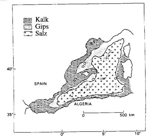 Abb. 3: Die vor 5 Mio. Jahren abgelagerten Evaporite im westlichen Mittelmeer (Hsü 1972,  390).