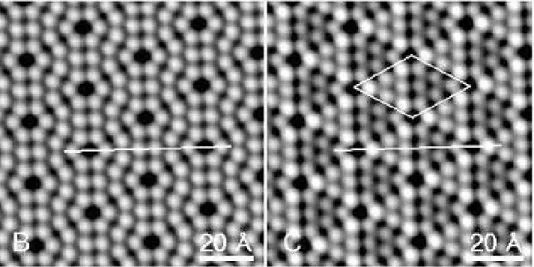 Figur 1.5: Tunnel Mikroskop Bilder einer Silizium-Oberfläche bei einer Spitzen-Proben  Spannung von –2 V und +2.2 V